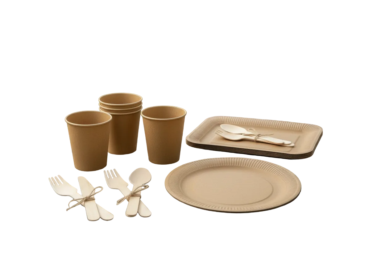 Kraft Paper Tableware with Wooden Cutlery Natural Background