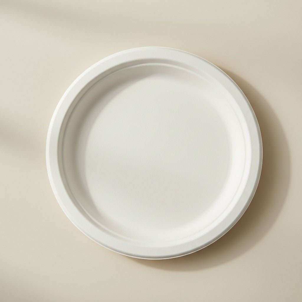 My Store 9" round white sugarcane fiber plate, eco-friendly and compostable.
