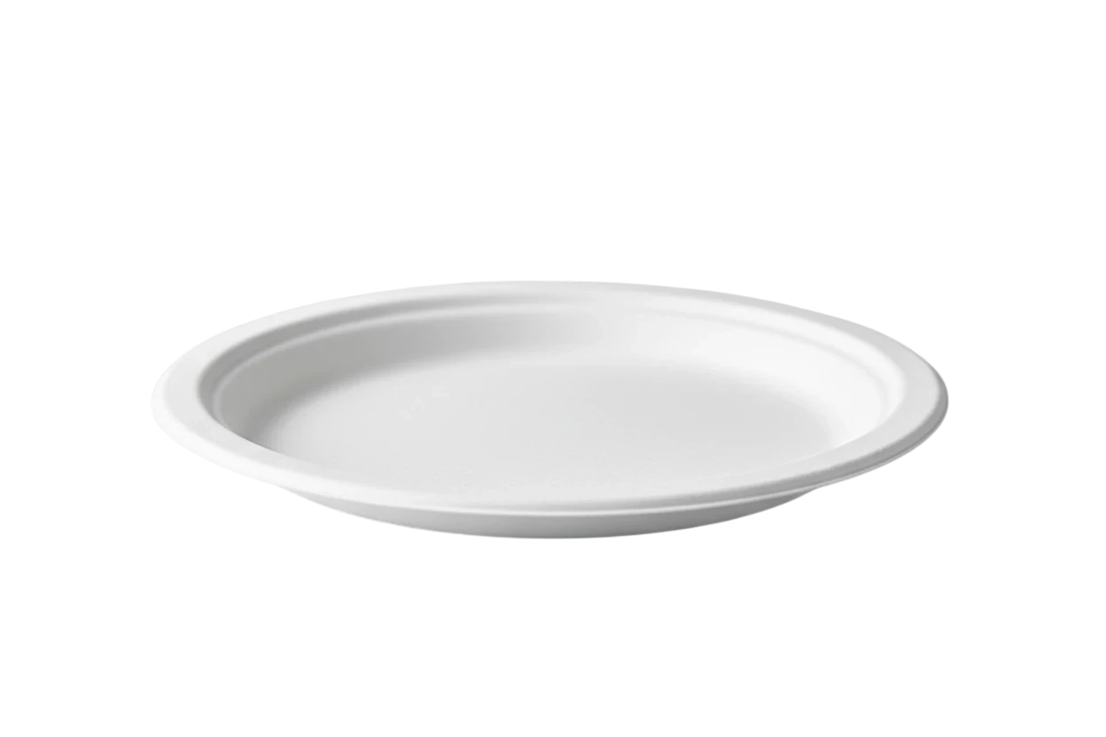 My Store 9" round white sugarcane fiber plate, eco-friendly and compostable.