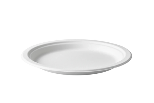 My Store 9" round white sugarcane fiber plate, eco-friendly and compostable.