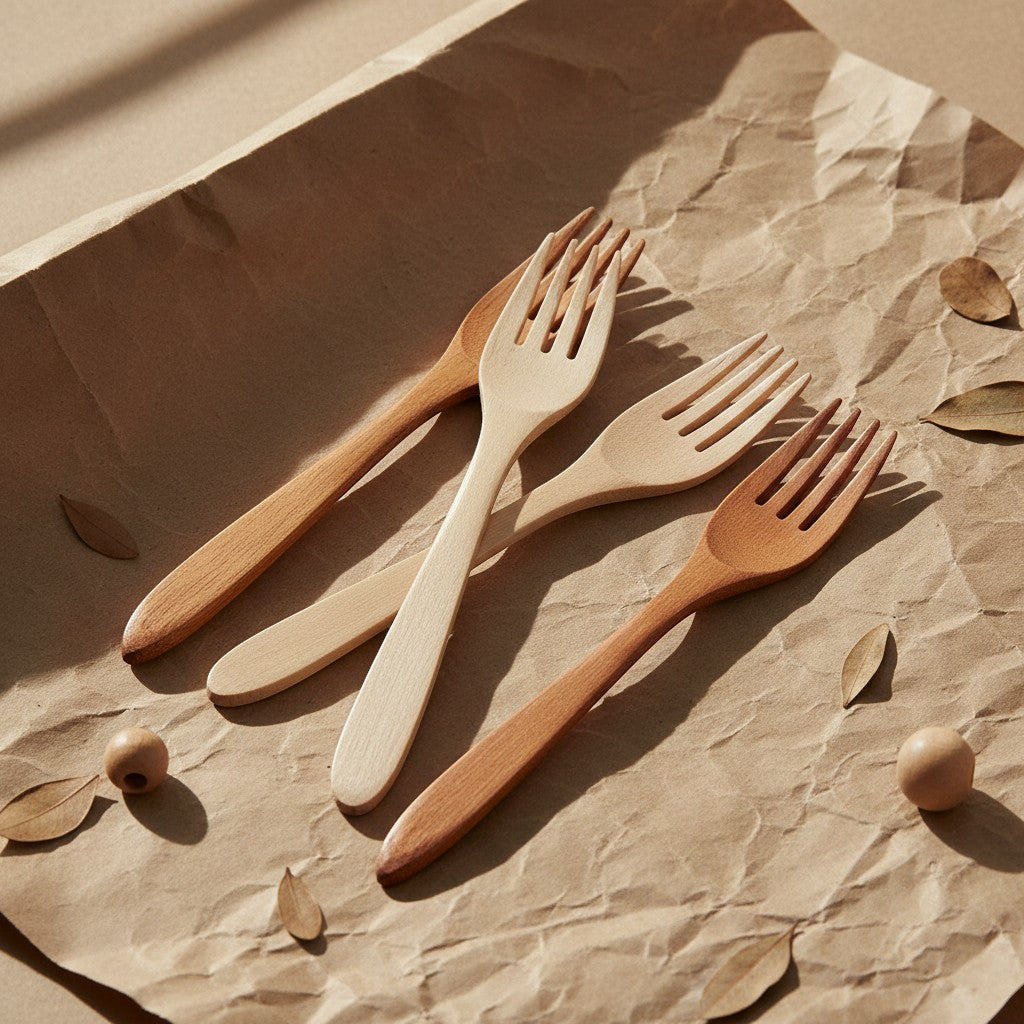 My Store wooden forks, natural wood, eco-friendly, biodegradable, perfect for picnics and takeout.